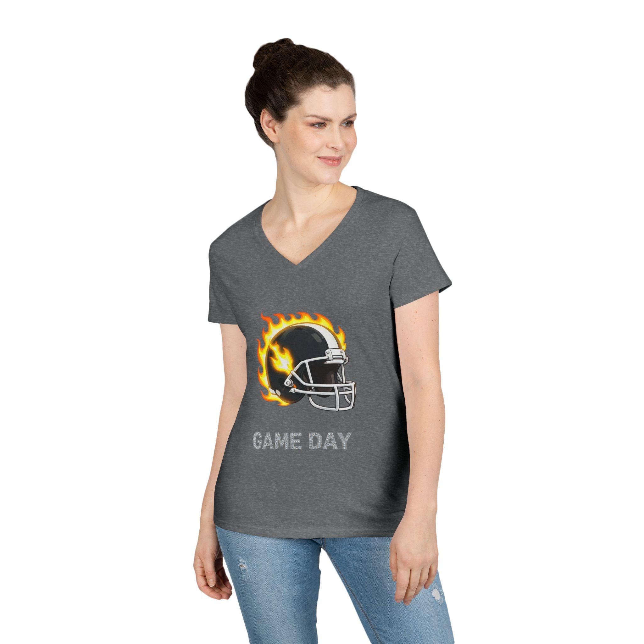 Football Mom V-Neck Tee — 'Game Day' Flaming Helmet & Bow Design