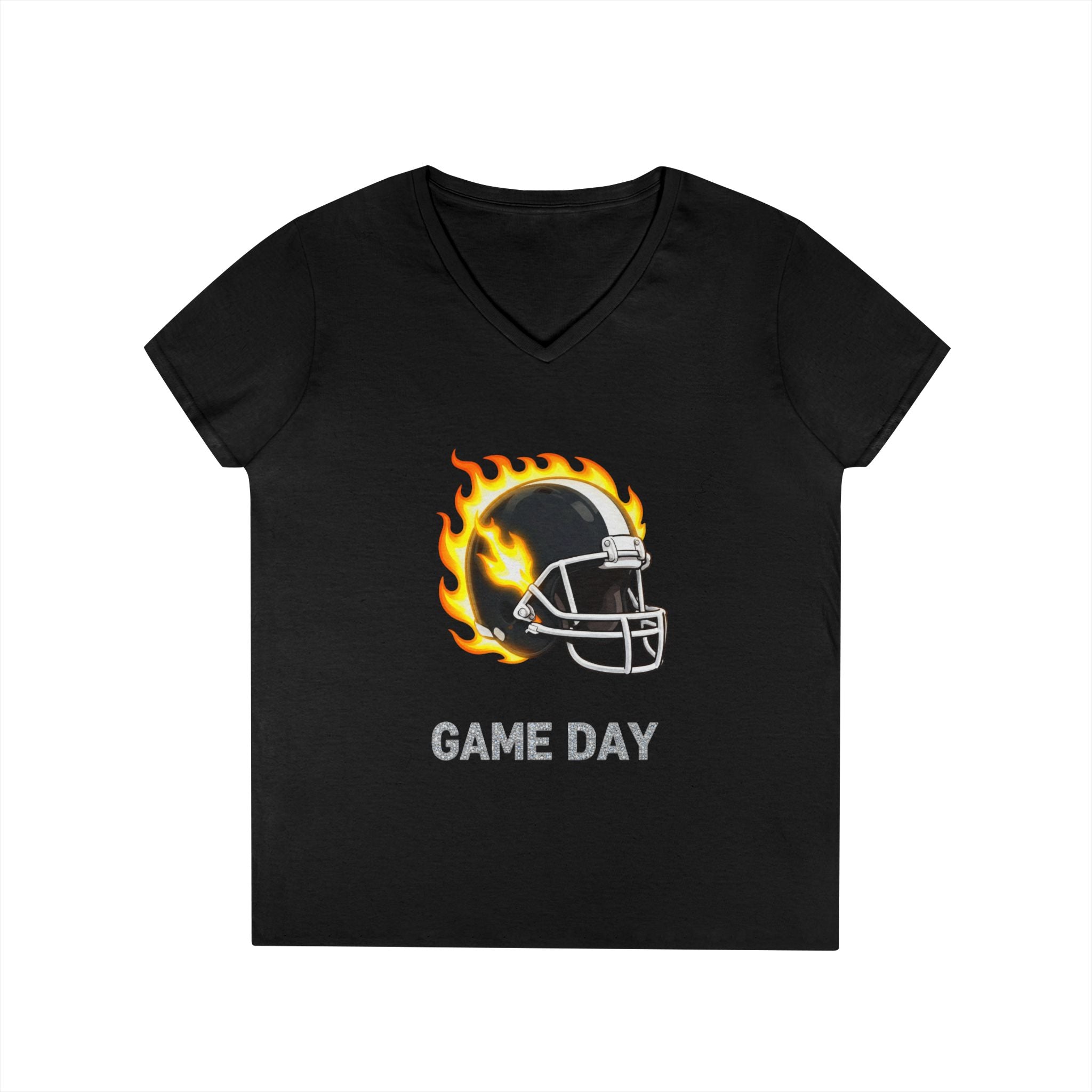 Football Mom V-Neck Tee — 'Game Day' Flaming Helmet & Bow Design