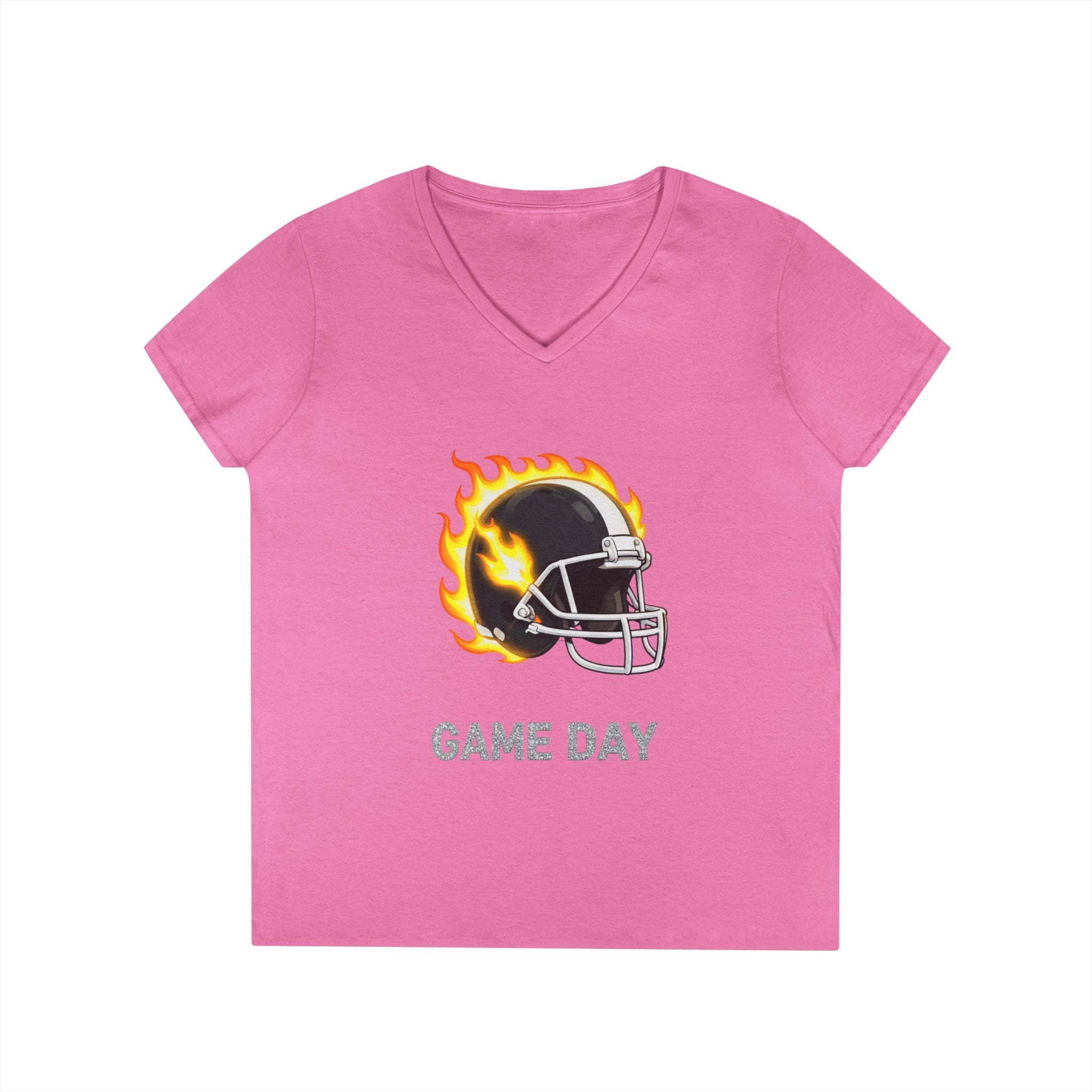 Football Mom V-Neck Tee — 'Game Day' Flaming Helmet & Bow Design