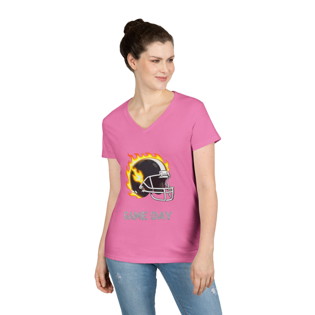 Football Mom V-Neck Tee — 'Game Day' Flaming Helmet & Bow Design
