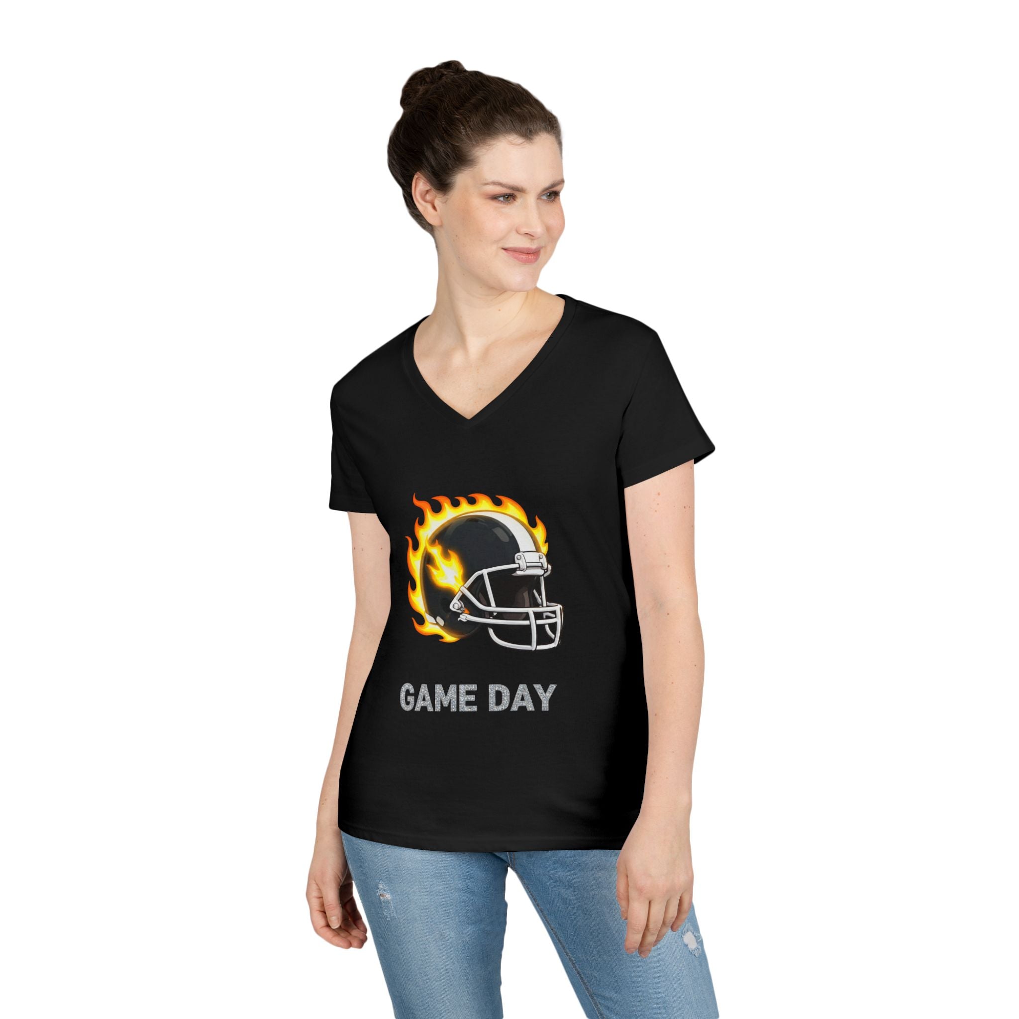 Football Mom V-Neck Tee — 'Game Day' Flaming Helmet & Bow Design