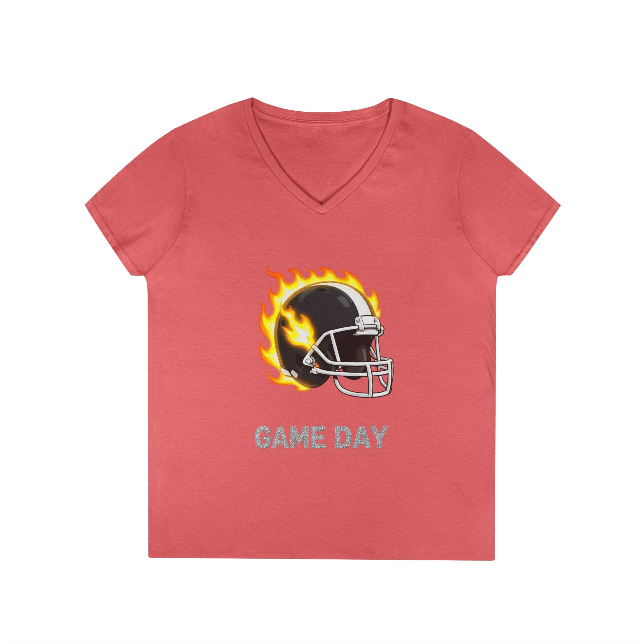 Football Mom V-Neck Tee — 'Game Day' Flaming Helmet & Bow Design