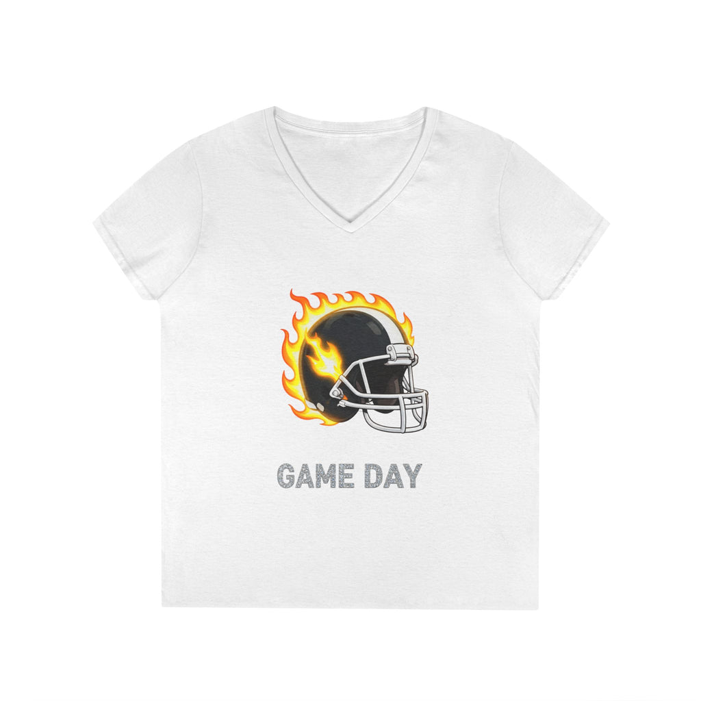 Football Mom V-Neck Tee — 'Game Day' Flaming Helmet & Bow Design