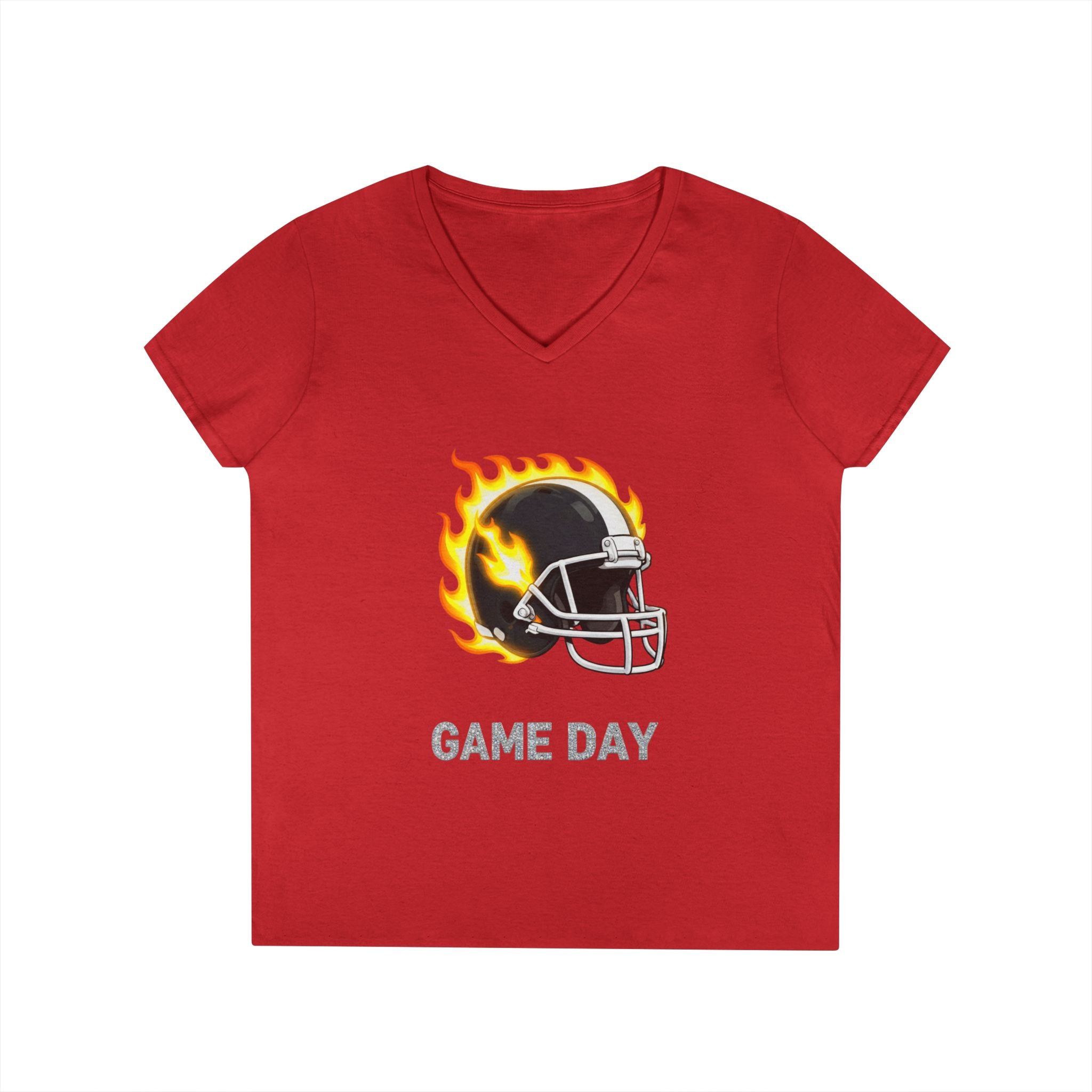 Football Mom V-Neck Tee — 'Game Day' Flaming Helmet & Bow Design