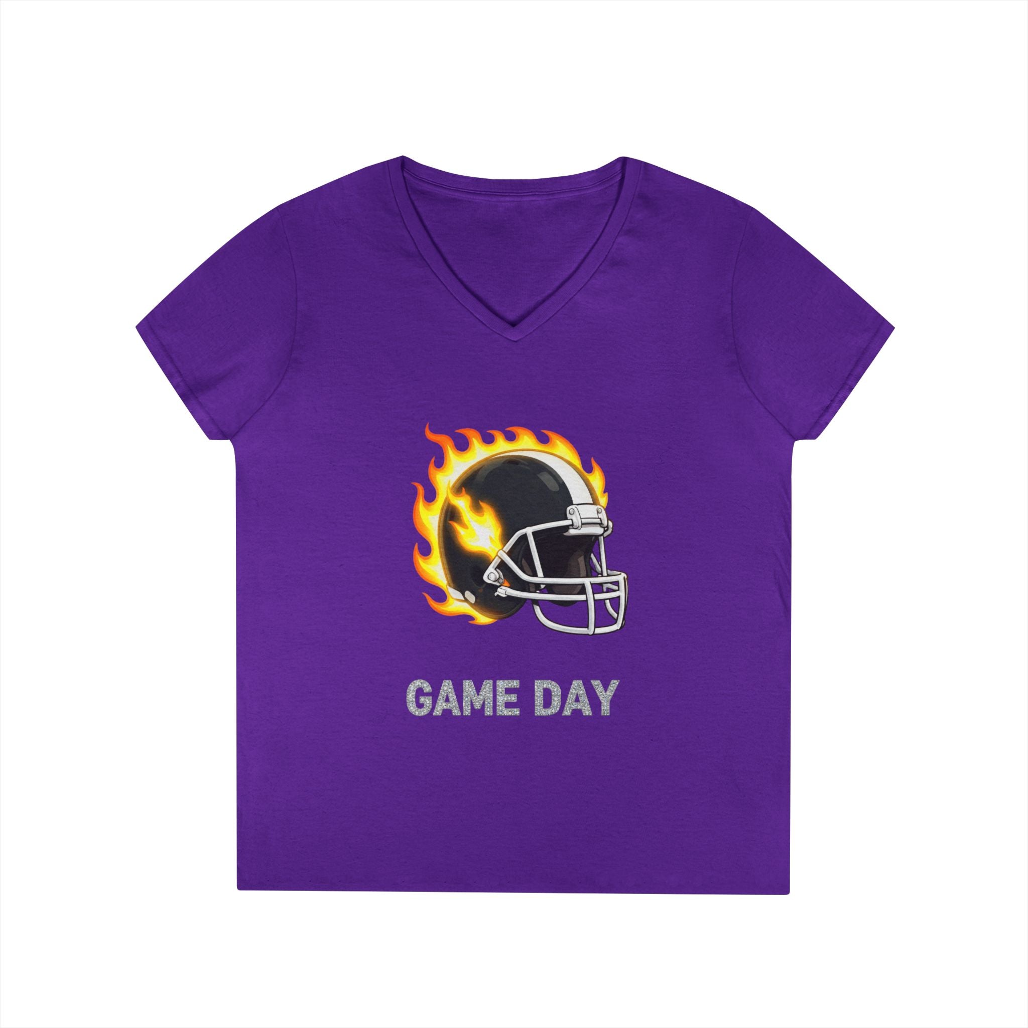 Football Mom V-Neck Tee — 'Game Day' Flaming Helmet & Bow Design