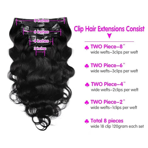 100% Brazilian Remy Clip-In Body Wave Hair Extensions - 8 Pieces, 120g with 18 Clips for Women